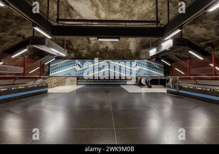 VÄSTRA SKOGEN metro, subway station on blue line on Stockholm Tunnelbana, Huvudsta, Solna, Stockholm. Stock Photo