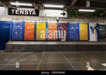 Tensta metro, subway station on blue line Stockholm Tunnelbana in Tensta, Stockholm. Artists: Helga Henschen and Arne Sedell. Stock Photo