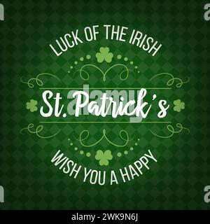 Saint Patricks Day holiday greetings banner with vector shamrock leaves. Happy irish holiday of St Patrick quote, luck green clovers poster with celtic pattern borders, pub party or spring fest invite Stock Vector