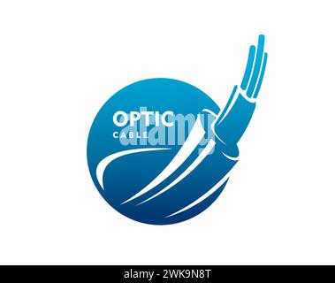 Fiber optic cable icon, technology. Isolated vector emblem with dynamic fibre wire broadband strand. Internet connection, telecommunication, high-speed data transmission and networking label with cord Stock Vector