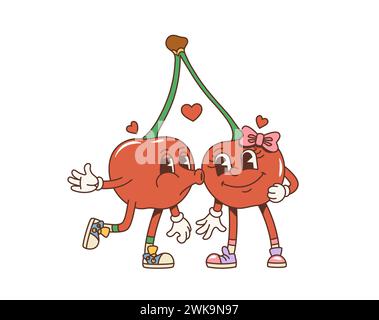 Cartoon retro valentine groovy cherry twins kissing characters. Isolated cute vector couple of berries sharing love. Comic nostalgic personages greeting and celebrate happy valentines day holiday Stock Vector