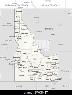 Political map showing the counties that make up the state of Idaho, located in the United States. Stock Photo