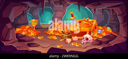 Cave with ancient treasure. Cartoon pirate trophies, piles of golden coins and gems, cups, weapons and skull, wooden chest with gold, horizontal Stock Vector