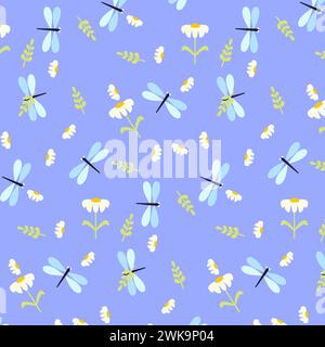 Seamless pattern with dragonflies and flowers for printing on fabric and wrapping paper. Botanical calm pattern for textiles and clothing. Background for cards Vector Stock Vector
