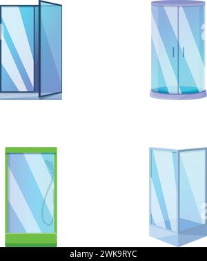 Glass door icons set cartoon vector. Various transparent glass door. Interior element Stock Vector