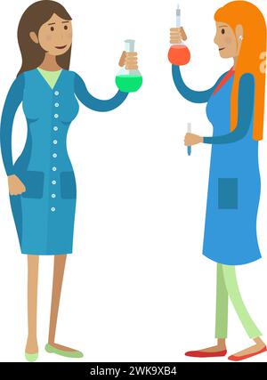 Two young woman laboratory workers conducting chemical experiment vector icon isolated on white background Stock Vector