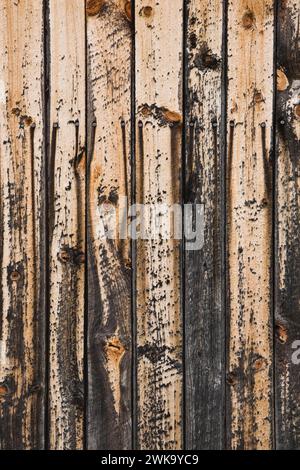 Close-up of pine wood siding planks with faded and peeling grey paint. Stock Photo