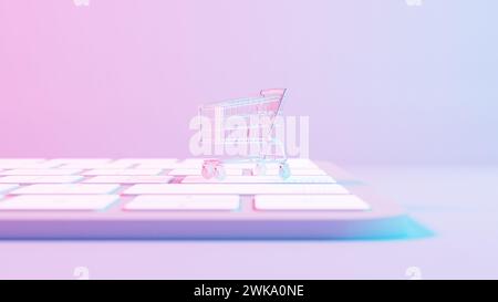 This illustration depicts a shopping cart placed atop a keyboard background, merging the concepts of online shopping and digital technology. Stock Photo
