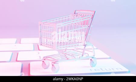 This illustration depicts a shopping cart placed atop a keyboard background, merging the concepts of online shopping and digital technology. Stock Photo