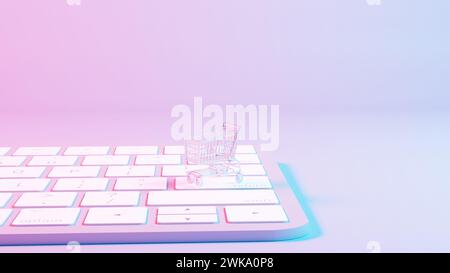 This illustration depicts a shopping cart placed atop a keyboard background, merging the concepts of online shopping and digital technology. Stock Photo