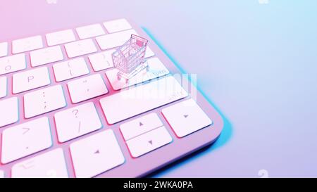 This illustration depicts a shopping cart placed atop a keyboard background, merging the concepts of online shopping and digital technology. Stock Photo