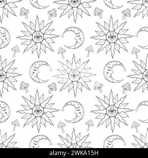 Seamless mystic pattern of crescent and sun with eye. Hand drawn line art on esoteric topic. Magic vector pattern wrapping paper on white background Stock Vector