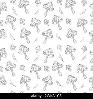 Seamless pattern of Mystical mushrooms with feathers. Hand drawn line art. Magic vector pattern wrapping paper on white background Stock Vector