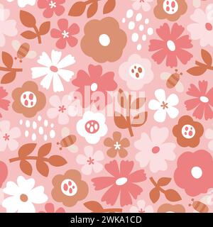 Scandinavian floral seamless pattern with romantic pink tones. Flowers isolated on pink background. Cute vector illustration. Stock Vector