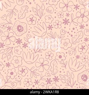 Floral seamless pattern in warm light tones. Doodle style. Seamless pattern with line art flowers. Vector illustration. Stock Vector