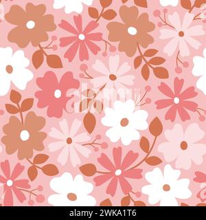 Scandinavian floral seamless pattern with romantic pink tones. Flowers isolated on pink background. Cute vector illustration. Stock Vector