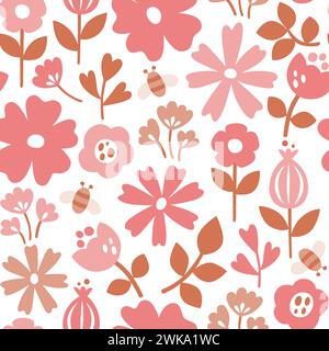Scandinavian floral seamless pattern with romantic pink tones. Flowers isolated on white background. Cute vector illustration. Stock Vector