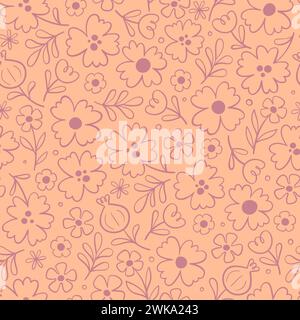 Floral seamless pattern in warm peachy tones. Seamless pattern with line art flowers. Vector illustration. Stock Vector
