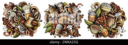 Coffee cartoon vector doodle designs set Stock Vector