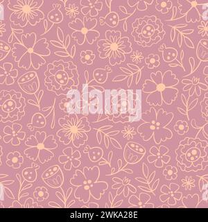 Floral seamless pattern in warm pink tones. Doodle style. Seamless pattern with line art flowers. Vector illustration. Stock Vector