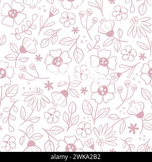 Floral seamless pattern in doodle style. Cute floral seamless pattern with line art flowers isolated on white background. Vector illustration. Stock Vector