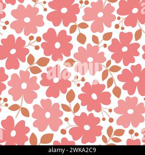 Scandinavian floral seamless pattern with romantic pink tones. Flowers isolated on white background. Cute vector illustration. Stock Vector