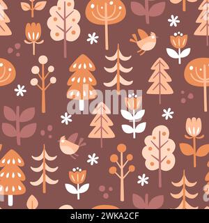 Scandinavian style pattern in warm tones. Flowers, trees and birds isolated on brown background. Seamless Pattern. Vector illustration. Stock Vector