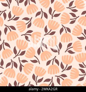 Floral pattern in scandinavian style. Cute flowers with warm peach tone isolated on light background. Seamless Pattern. Vector illustration. Stock Vector