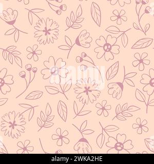Floral seamless pattern in warm light tones. Doodle style. Seamless pattern with line art flowers. Vector illustration. Stock Vector