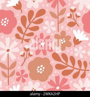 Scandinavian floral seamless pattern with romantic pink tones. Flowers isolated on pink background. Cute vector illustration. Stock Vector