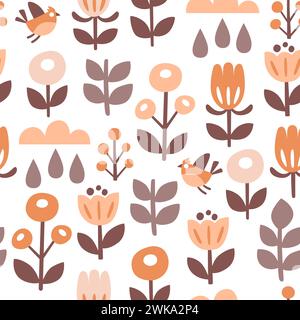 Scandinavian style floral pattern in warm tones. Flowers, twigs and birds isolated on white background. Seamless Pattern. Vector illustration. Stock Vector