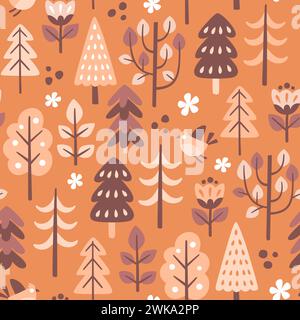 Forest pattern in scandinavian style with warm tones. Flowers, trees and birds isolated on light  brown background. Seamless Pattern. Vector illustrat Stock Vector