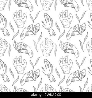 Mystical seamless pattern of witch hands surrounded by plants. Hand drawn magical doodle pattern for spiritual design. Vector illustration isolated on Stock Vector