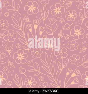 Floral seamless pattern in warm pink tones. Doodle style. Seamless pattern with line art flowers. Vector illustration. Stock Vector