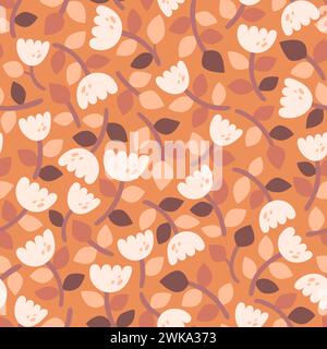 Flat scandinavian flowers seamless pattern. Cute flowers with warm tones isolated on light brown background. Seamless Pattern. Vector illustration. Stock Vector