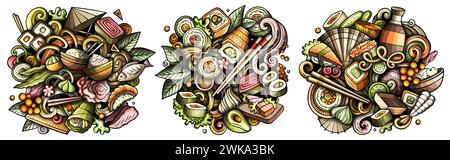 Sushi doodle cartoon funny banner Stock Vector