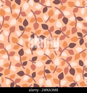 Flat scandinavian leaves seamless pattern. Cute twigs with warm tones isolated on orange background. Seamless Pattern. Vector illustration. Stock Vector