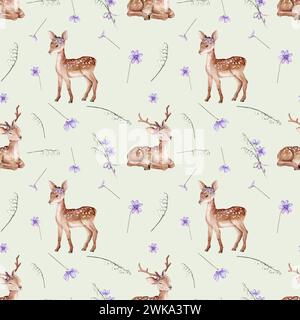 Watercolor seamless pattern deer and first spring flowers. Flowers violet coppice and lily of the violet valley green branches. Spotted deer isolated Stock Photo