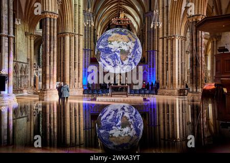 Lincoln Cathedral Gaia Measuring seven metres in diameter, Gaia provides the opportunity to see our planet floating in three dimensions in the vast sp Stock Photo