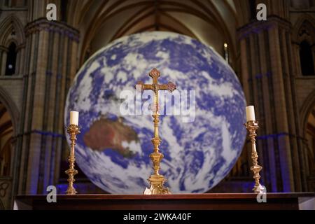 Lincoln Cathedral Gaia Measuring seven metres in diameter, Gaia provides the opportunity to see our planet floating in three dimensions in the vast sp Stock Photo