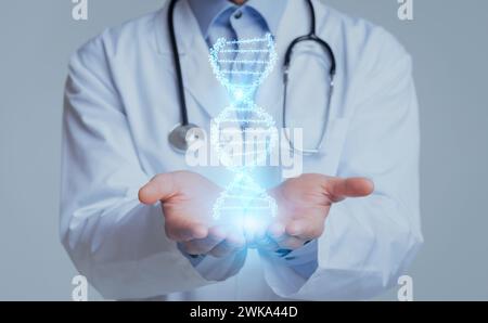 Cropped of medical doctor geneticist hands holding DNA hologram Stock Photo