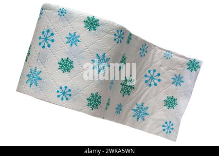 M&S decorated toilet paper 3-ply super soft with a delightful Christmas pattern set on white background - toilet paper on roll with Christmas design Stock Photo
