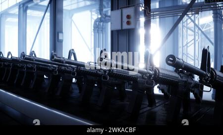 American military machine gun M 16 production line. Factory process ...