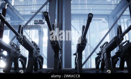 American military machine gun M 16 production line. Factory process ...
