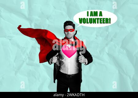 Collage picture image of classy elegant attractive rescuer guy wearing red cape saying i am volunteer isolated on paper background Stock Photo