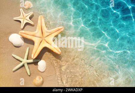 Starfish and seashell on the summer beach in sea water. Summer background. Summer time. Stock Photo