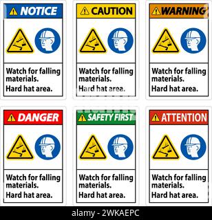 Warning Sign, Watch For Falling Materials, Hard Hat Area Stock Vector