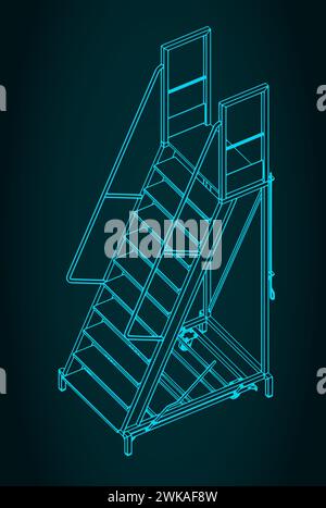 Stylized vector illustration of isometric blueprint of rolling steel ladder Stock Vector