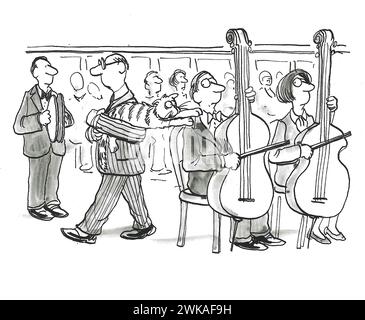 BW cartoon of a cat being carried through a live orchestra.  The cat really, really wants to play with the bass's strings. Stock Photo