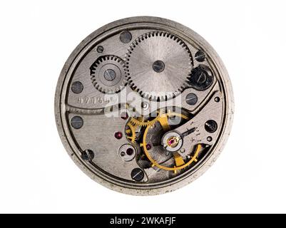 Vintage wristwatch mechanism isolated on a white background. Stock Photo
